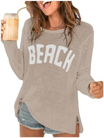 COZYEASE Women's Beach Cover Up Letter Print Long Sleeve Sweater Crew Neck Split Hem Crochet Jump... | Amazon (US)