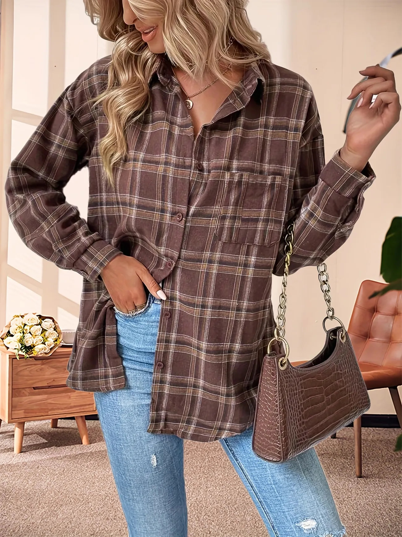 Plaid Print Classic Shirt, Casual Button Front Long Sleeve Shirt, Women's Clothing | Temu Affiliate Program