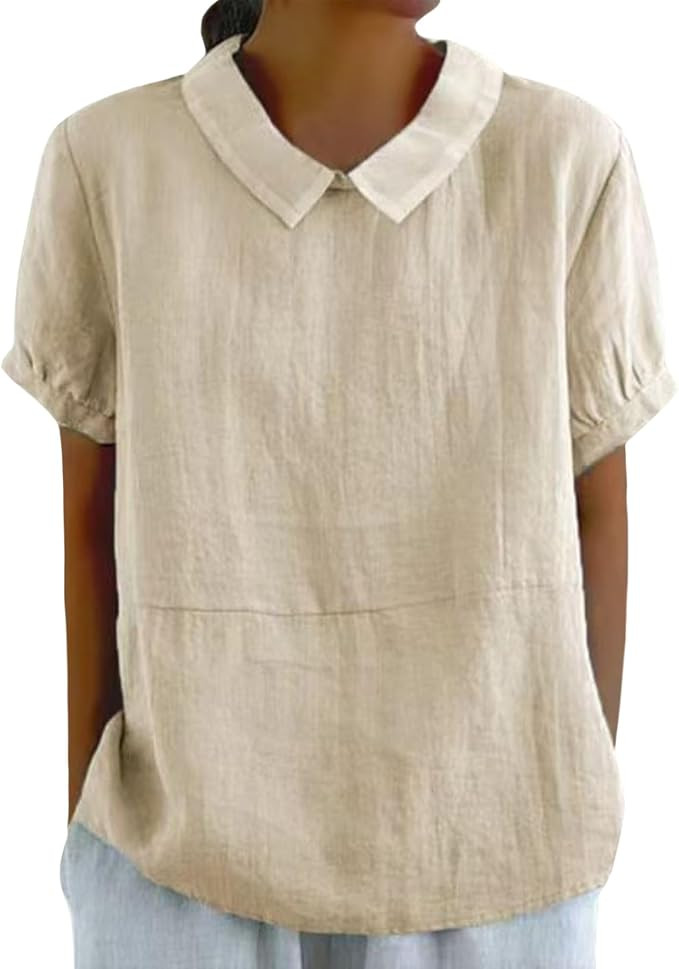 Cotton Linen Shirts for Women Summer Casual Short Sleeve Pullover Tops Comfy Loose Women's Lapel ... | Amazon (US)