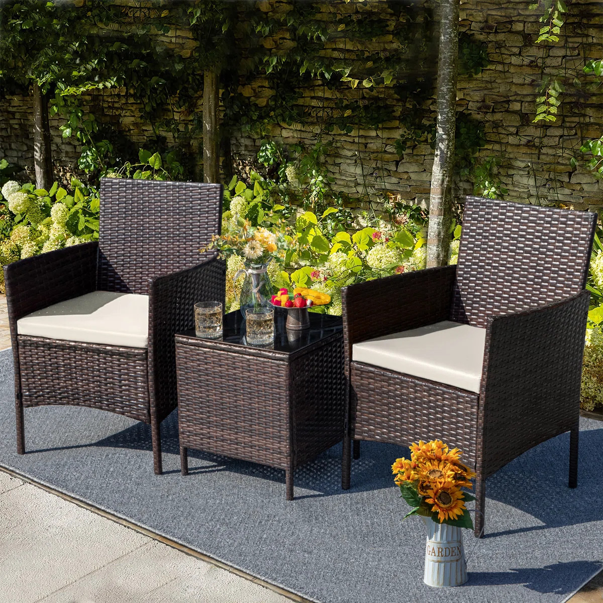 Jagger 3-Piece Seating Group with Cushions and Tempered Glass Top Table | Wayfair North America