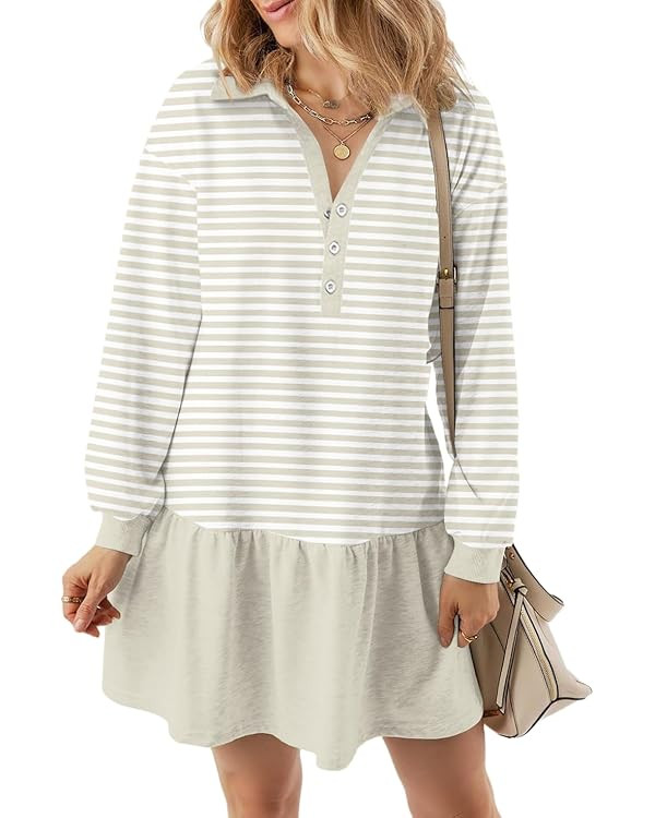 Women's Casual Dresses Long Sleeve Button V Neck Sweatshirt Dress Lapel Collared Pullover Dress | Amazon (US)