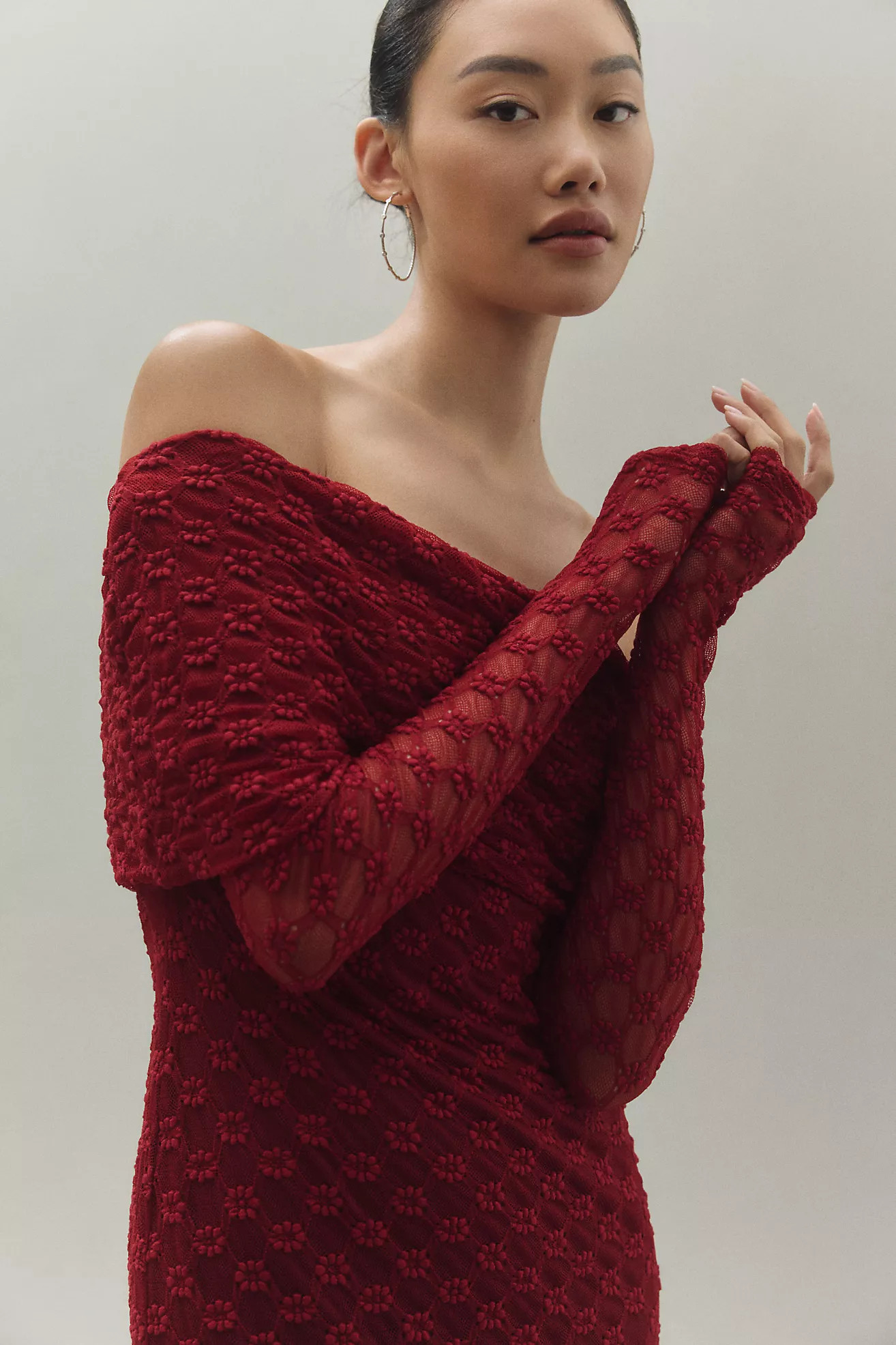 Bardot Adoni Off-The-Shoulder Fitted Stretch Lace Midi Dress | Anthropologie (US)