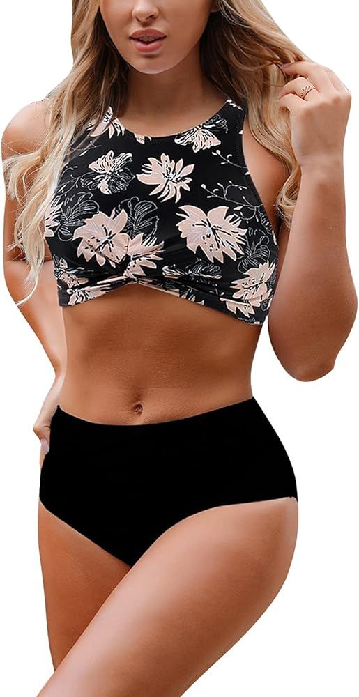 Blooming Jelly Women's High Waisted Bikini Twist Two Piece Swimsuit High Neck Knotted Leaf Print ... | Amazon (US)