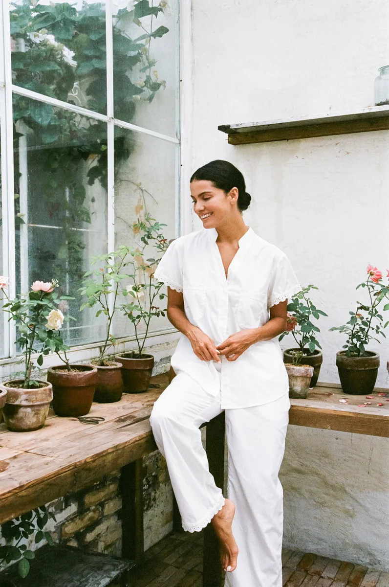 Maggie Pyjama Set - Long Pants - Off White Cotton Modal + Daisy Trim | Piyama US