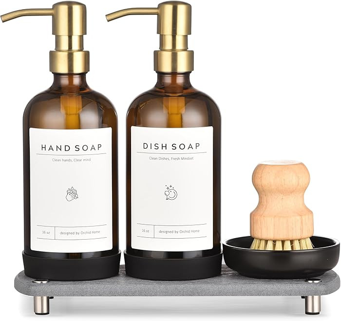 [Luxury] Kitchen Soap Dispenser Set - 16OZ Amber Glass Bottle, Stainless Steel Pump, Instant Dry ... | Amazon (US)