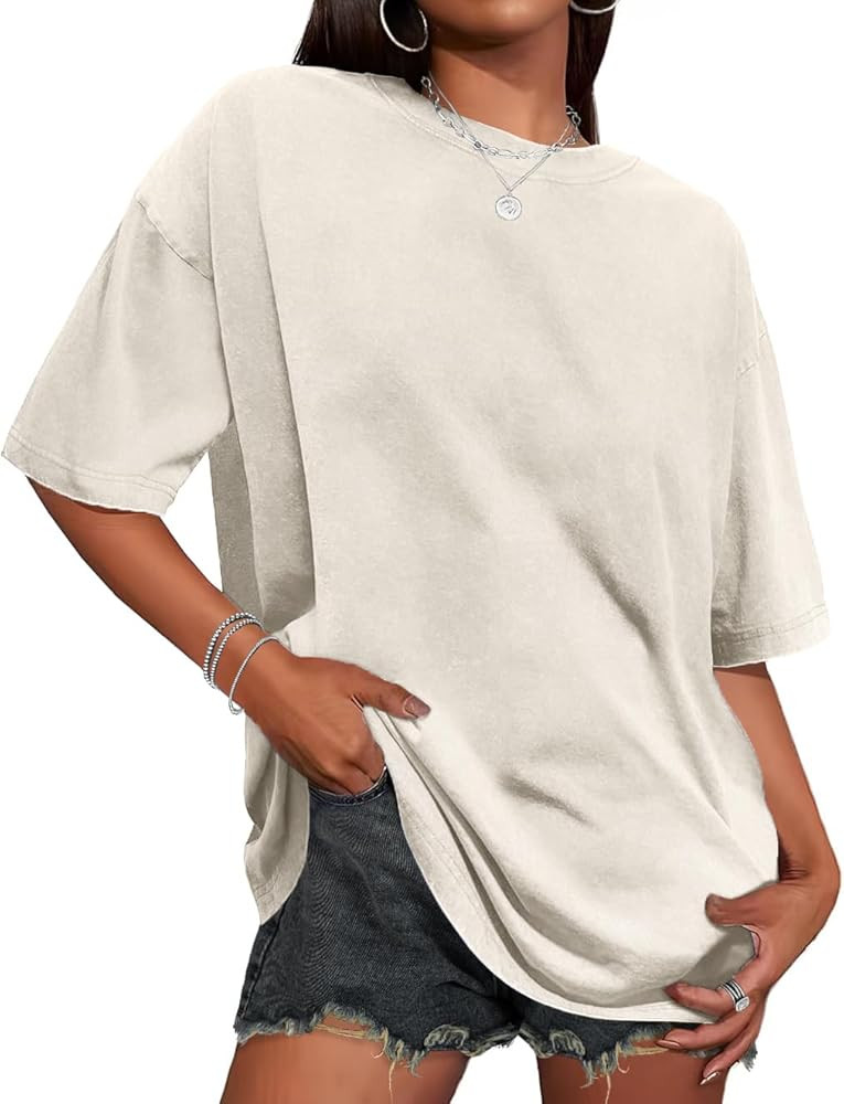 Oversized Tshirts for Women Short Sleeve Crew Neck Vintage Washed Basic Loose Casual Tees | Amazon (US)