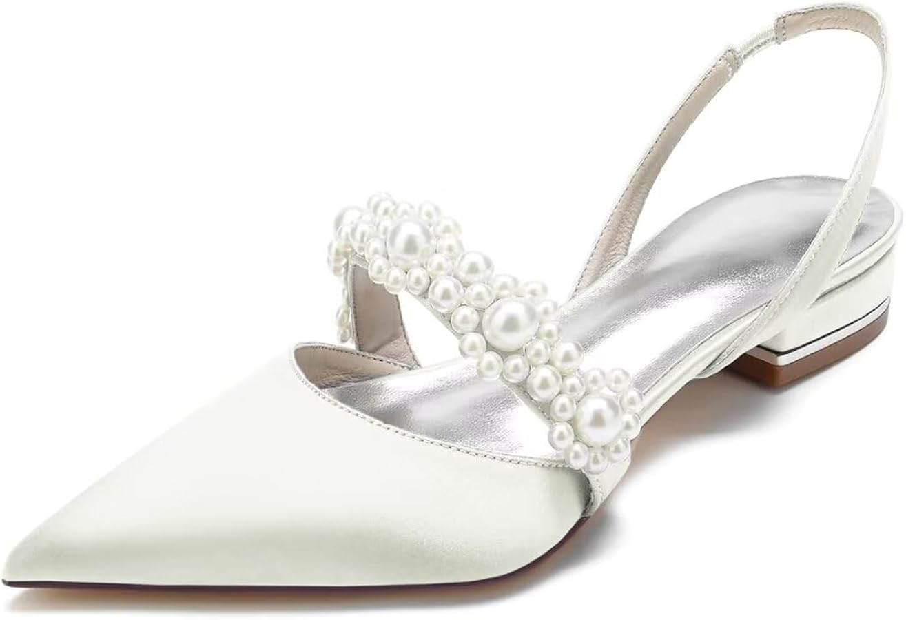 Satin Pearls Wedding Shoes for Bride Flat Pointed Toe Women Slingback Flats | Amazon (US)