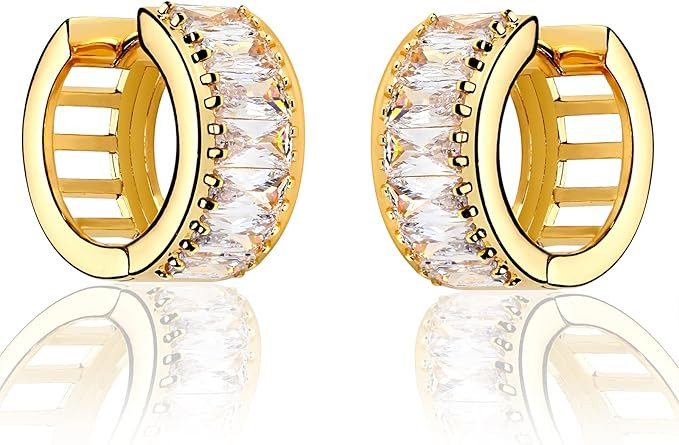 MTMY Huggie Hoop Earrings 14K Gold Plated Cubic Zirconia Dainty Simple Cute Beads Elegant CZ Circ... | Amazon (US)
