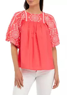 Women's Embroidered Yoke Puff Sleeve Woven Top | Belk