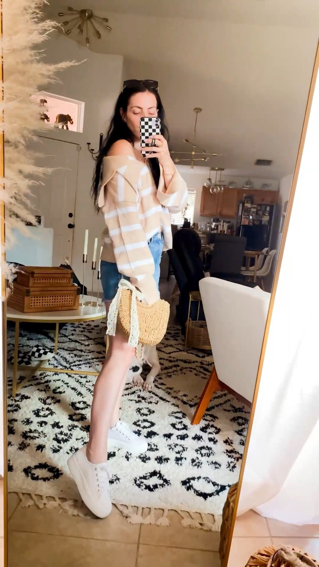 Another transitional fall outfit - 
This navy collar striped sweater is way adorable! I was really loving that fun navy styled collar, it totally caught my eye. Material is super soft! Super cute look, and plus they have other color options. Fits tts, wearing size small. 
High waisted denim shorts fit tts; very comfortable also! 
Steve Madden platform sneakers fit tts; love this crisp white style. (Mine are kinda dirty though 🙄) 
Bag is way adorable! & good quality. 
Amazon jewelry for the win! They always have nice designer dupes on a budget. 

#LTKSeasonal #LTKFind #LTKstyletip