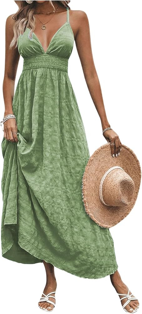Milumia Women's Summer V Neck Backless Maxi Dress Boho Spaghetti Strap A Line Flowy Beach Long Su... | Amazon (US)