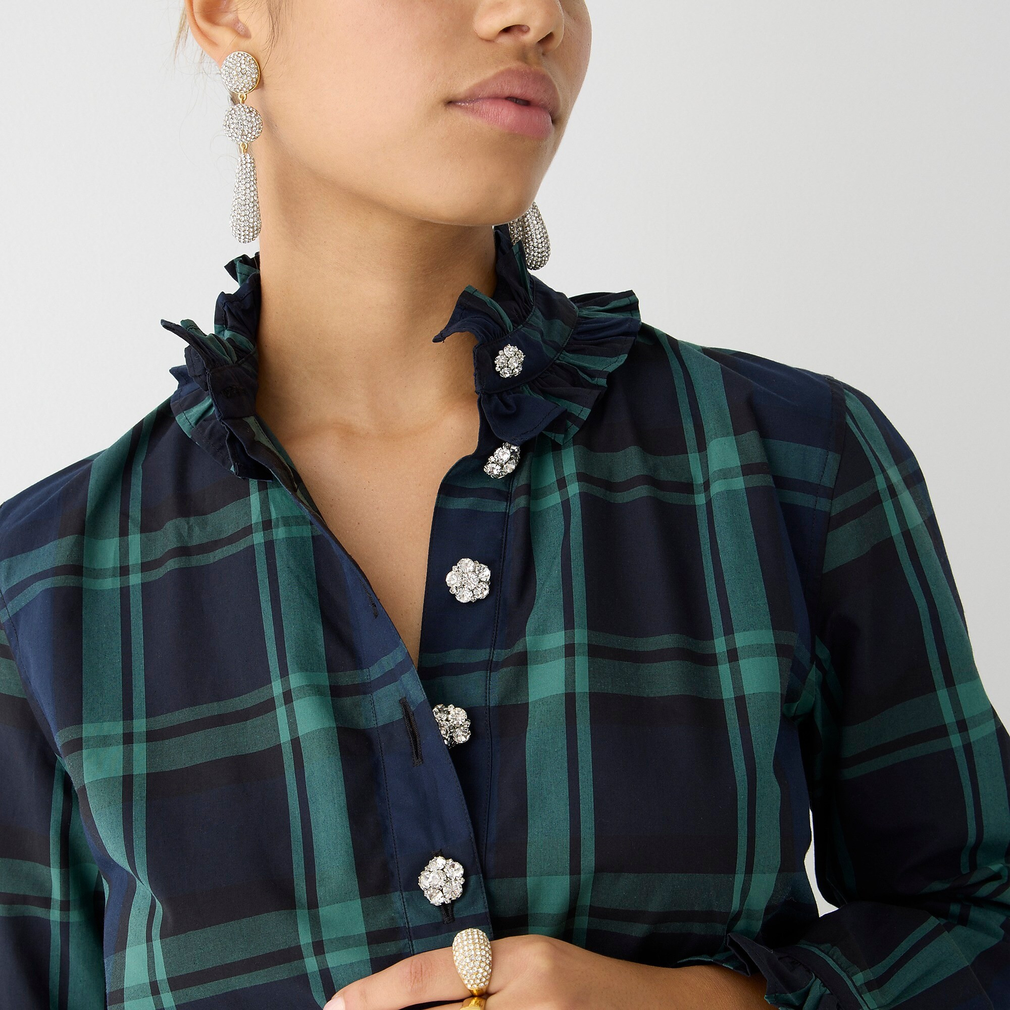 Classic-fit ruffle-neck popover in Black Watch tartan with jewel buttons | J. Crew US