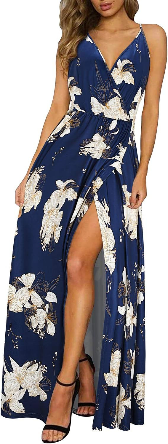 II ININ Women's Deep V-Neck Casual Dress Summer Backless Floral Print/Solid Split Maxi Dress for ... | Amazon (US)