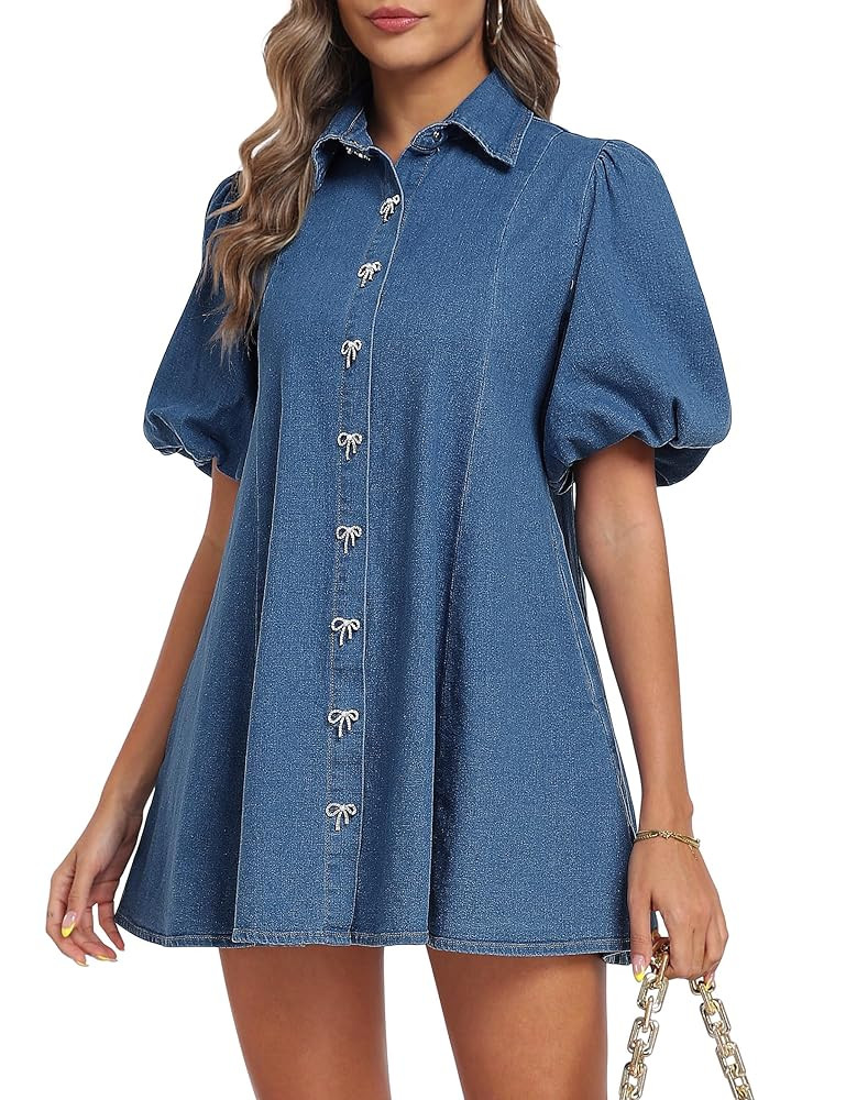 Denim Dress for Women, Puff Short Sleeve Jean Dress Mini Denim Romper with Pockets | Amazon (US)