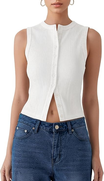 Women’s Button Down Tank Tops Sleeveless Ribbed Crop Summer Button Up Crewneck Vest Shirt Going... | Amazon (US)