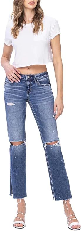 Flying Monkey - Low Rise Distressed Straight Jeans with Paint Speckle Detail/Split Hem - F5218 | Amazon (US)
