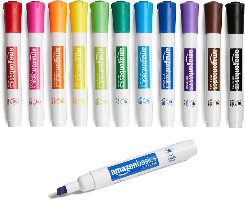 Amazon Basics Low-Odor Chisel Tip Dry Erase Whiteboard Marker, Pack of 12, Assorted Colors | Amazon (US)