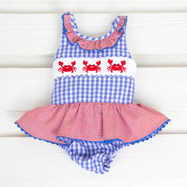 Royal Blue Gingham Crab Smocked One Piece Swimsuit | Classic Whimsy