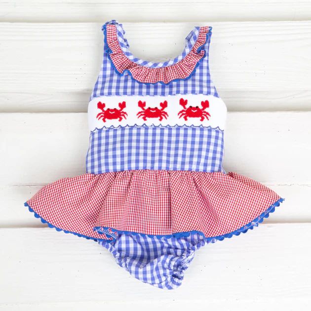 Royal Blue Gingham Crab Smocked One Piece Swimsuit | Classic Whimsy
