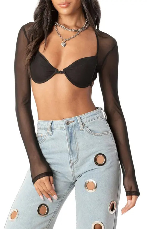 EDIKTED Lin Mesh Long Sleeve Bra Top in Black at Nordstrom, Size X-Small | Nordstrom