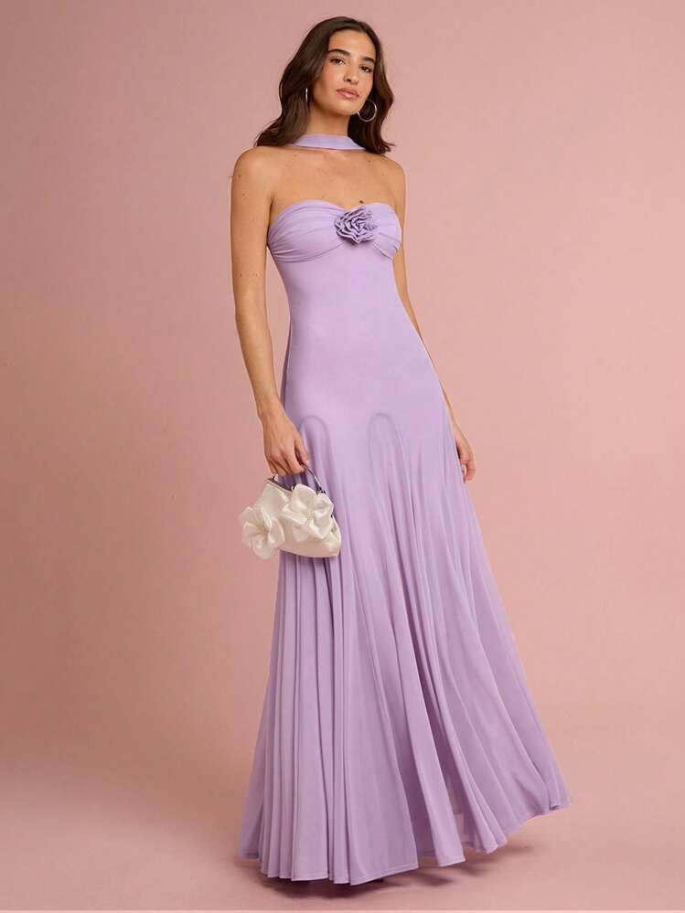 Enchnt Spring/Summer Romantic Women's Pastel Purple 3D ROSE Decor Halter Neck Pleated Hem Elastic Maxi Dress,Sweet&Elegant For Vacation&Date&Holiday&Party&Graduation&Wedding Guest&Beach,Prom Dress,Summer Dresses For Women,Sun Dresses For Women,Summer Clothes,Vestidos Elegantes De Mujer,Vestidos Elegantes Para Fiesta | SHEIN