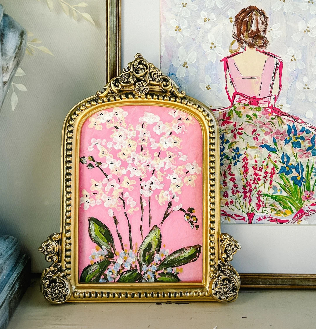 Original Art Pink Orchid Painting, Vintage Style, Victorian, Framed Art, Grandmillenial Decor, Bo... | Etsy (US)