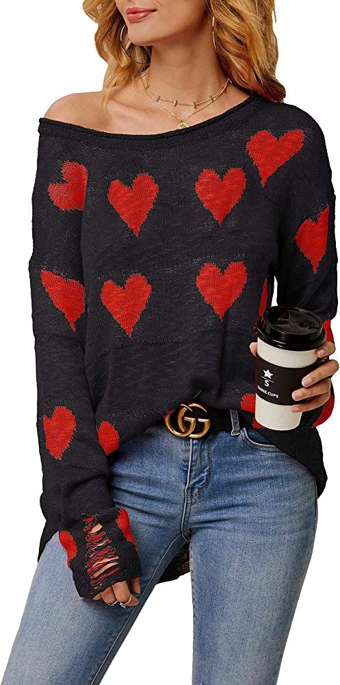 Chang Yun Women Off Shoulder Knitted Pullovers Sweater Loose Long Sleeve Hearts Printed Ripped To... | Amazon (US)