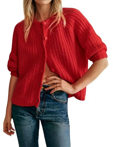 Bianstore Women's Casual Long Sleeve Crewneck Button Down Cardigan Sweater Knit Outwear(Red-XL) | Amazon (US)