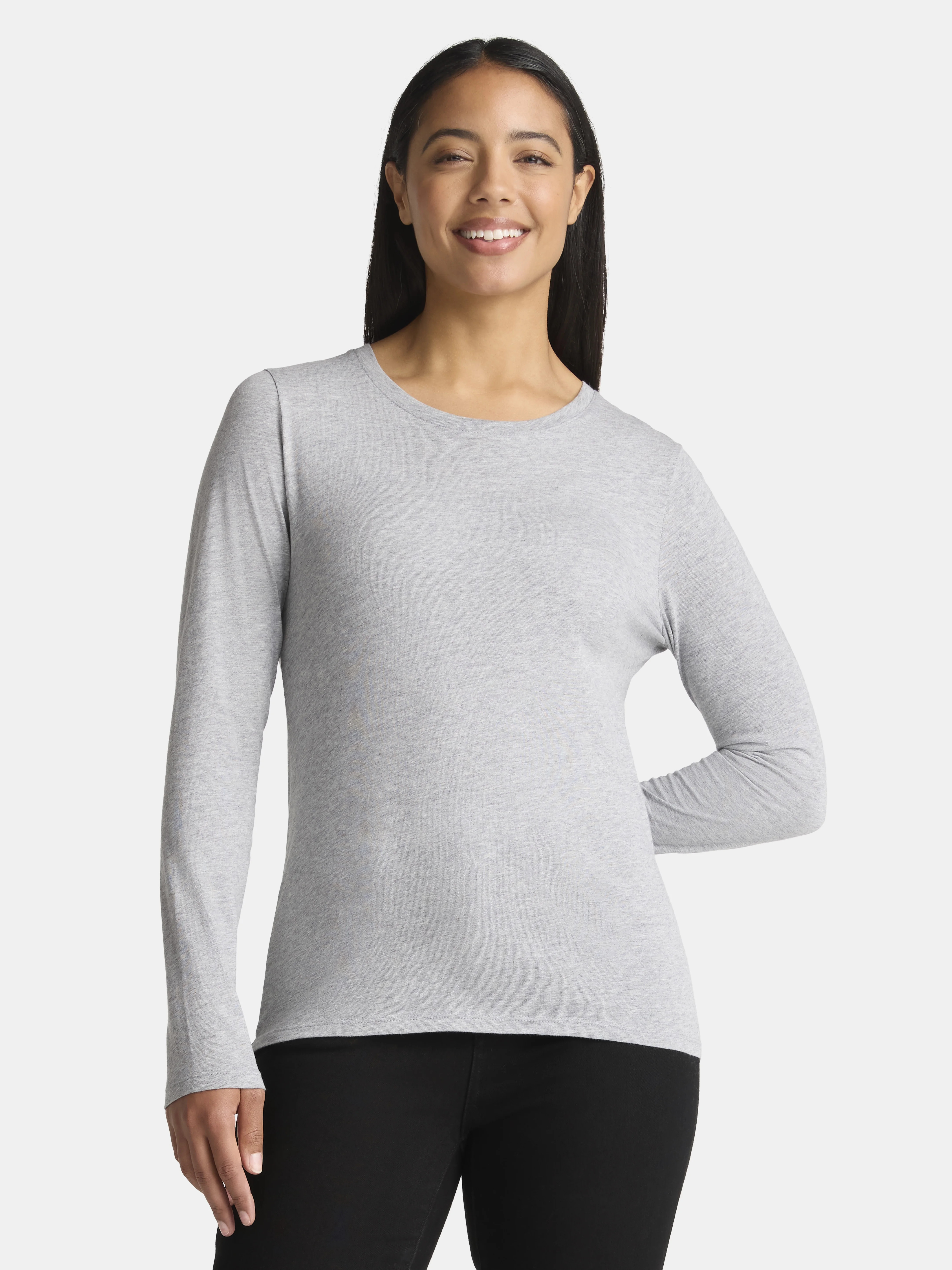 Time and Tru Women's Cotton Crewneck Tee with Long Sleeves, Sizes XS-XXXL | Walmart (US)