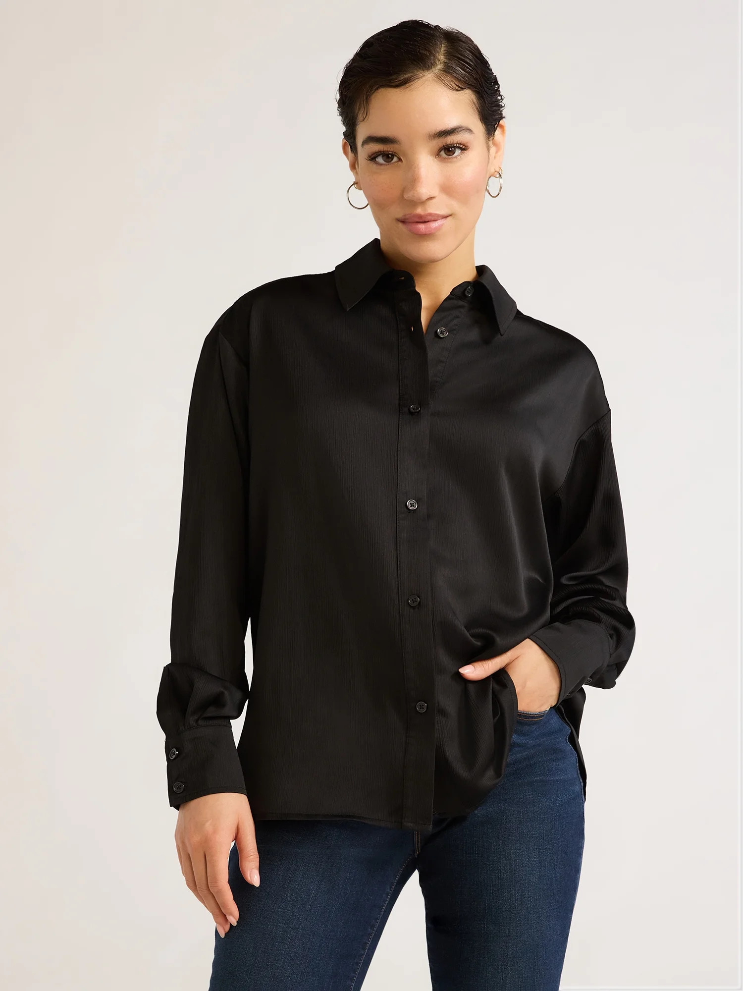 Sofia Jeans Women's Oversized Boyfriend Shirt with Long Sleeve, Sizes XS-XXL | Walmart (US)