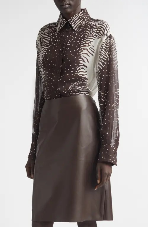 FERRAGAMO Animal Print Silk Chiffon Button-Up Shirt in 0967/701 Parchment/Expresso at Nordstrom, Size 4 Us | Nordstrom