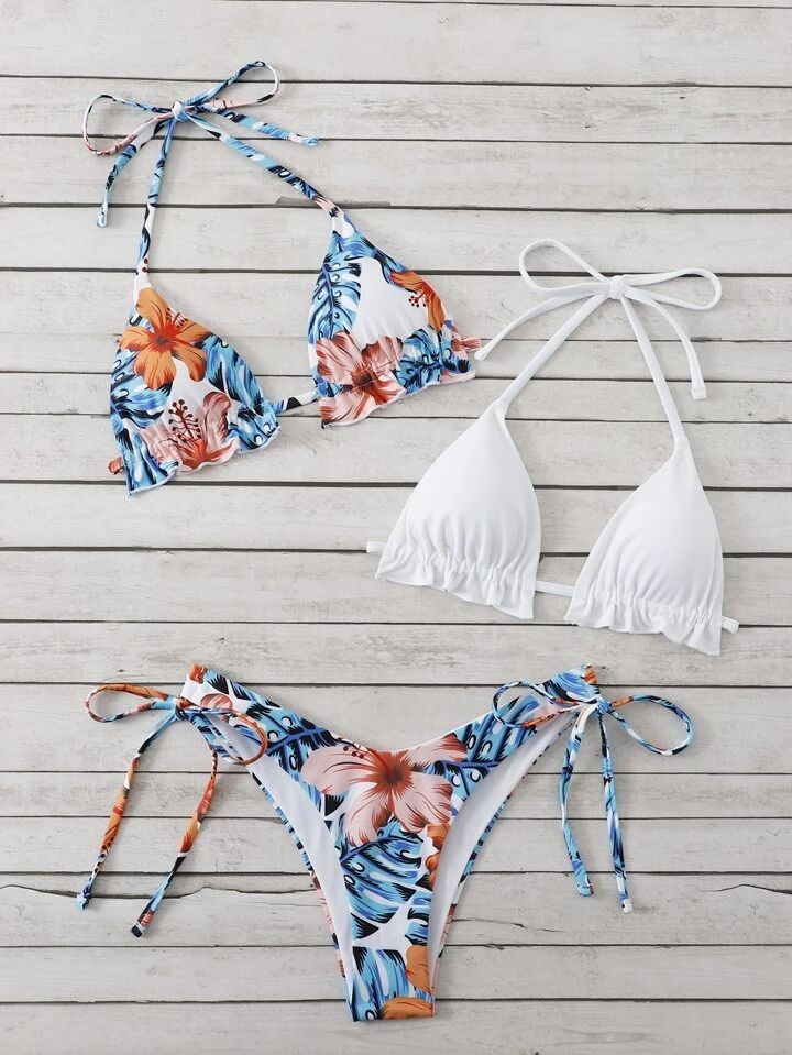 SHEIN Swim Vcay Random Tropical Print Bikini Set Frill Trim Halter Triangle Bra Top & Tie Side Bi... | SHEIN