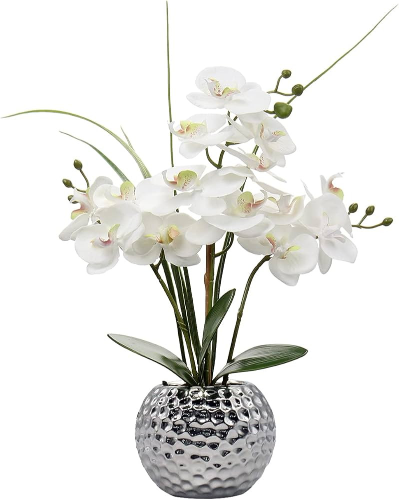 Artificial White Phalaenopsis Orchid Flower Arrangements 20.8" Faux Orchid Flower in Silver Pot O... | Amazon (US)