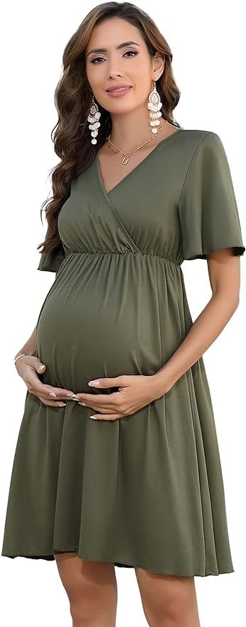 Womens Casual V Neck A Line Swing Wrap Maternity Dress Flowy Midi Maternity Dress for Baby Shower... | Amazon (US)