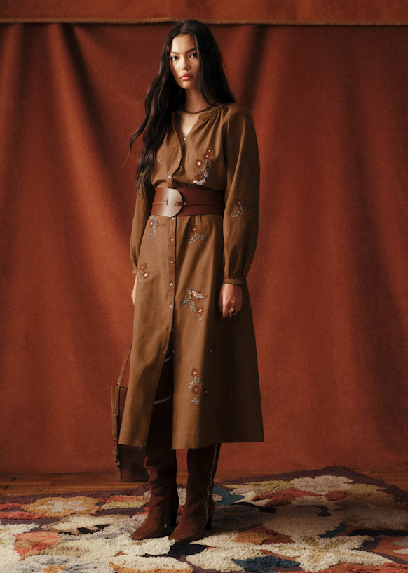 Anyna Dress - Sézane x Baziszt - Coffee with Floral Embroidery - Organic Cotton - Sézane | Sezane Paris - US