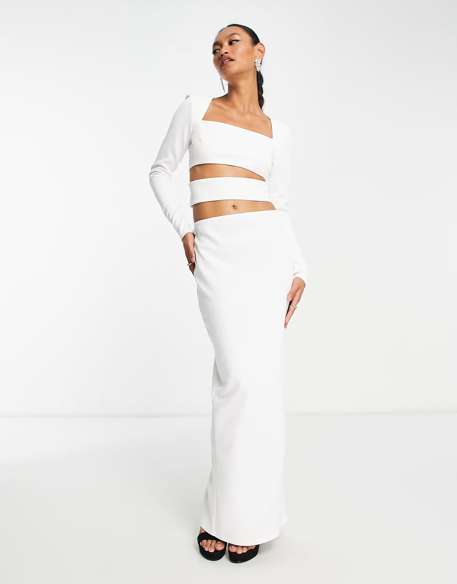 ASOS DESIGN strong shoulder cut out long sleeve maxi dress in white | ASOS (Global)