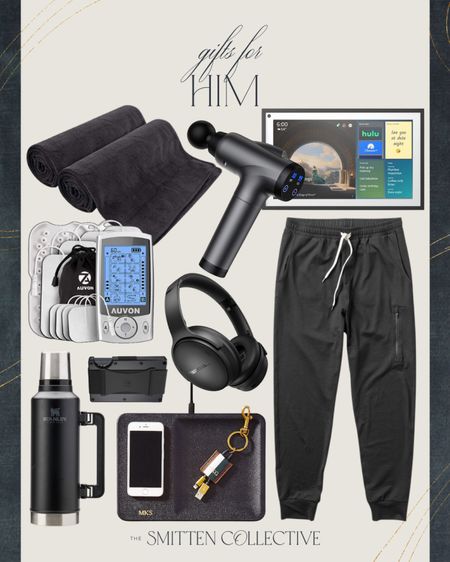 Gifts for him include workout towels, massage gun, muscle stimulator device, echo show, Bose headphones, Ridge wallet, joggers, Stanley thermos, and charging tray.

#LTKGiftGuide #LTKmens #LTKfindsunder100