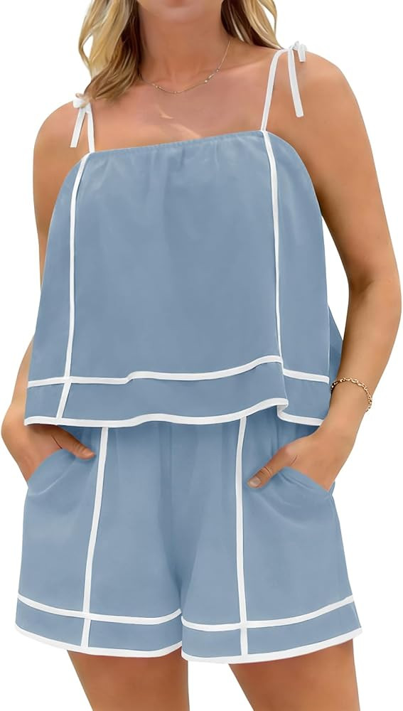 Yousify Women 2 Piece Lounge Sets Summer Casual Tie Strap Vacation Top Shorts Set with Pockets | Amazon (US)