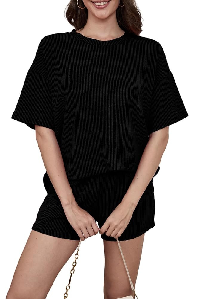 AXOSY Women 2 Piece Outfits Short Sleeve Top and Shorts Tracksuits Summer Lounge Pajama Sets | Amazon (US)