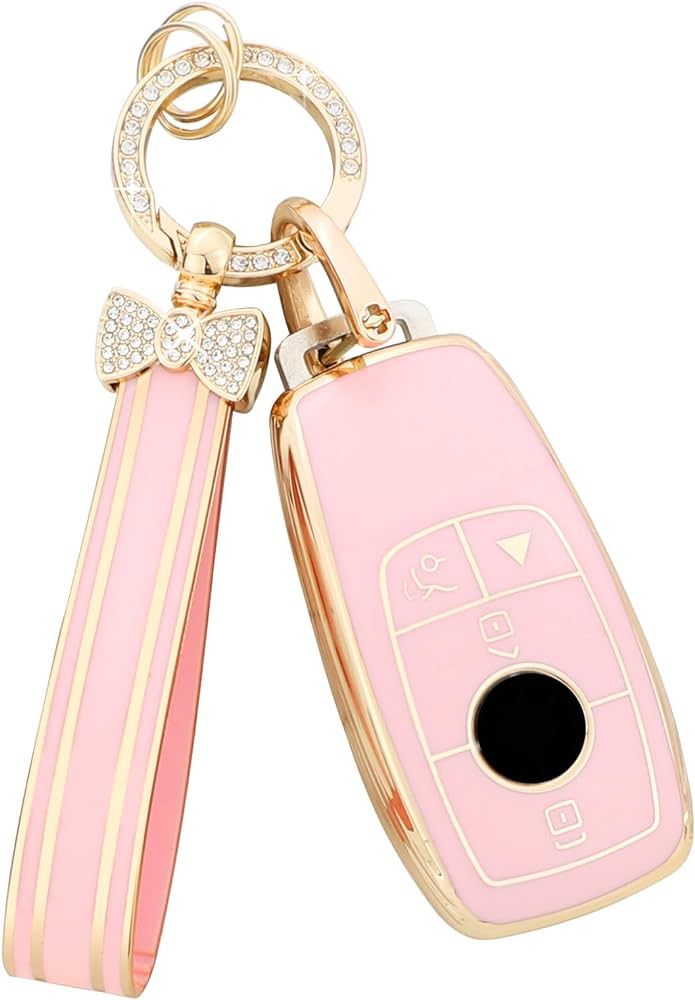 PIFOOG Key Fob Cover for Mercedes Benz Pink Gold Bling Keychain 4 Button Car Keys Case Shell Acce... | Amazon (US)