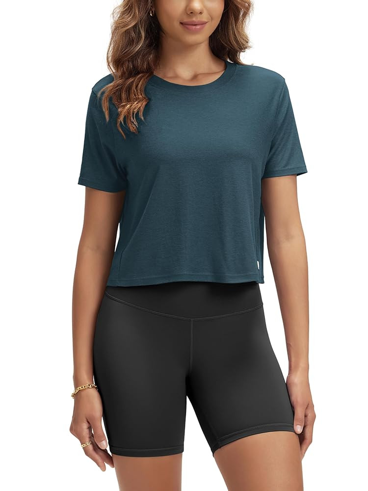 ODODOS Women's Performance Cropped Tee Ultra Soft Stratum Tech Short Sleeve Relaxed Top Crew Neck... | Amazon (US)