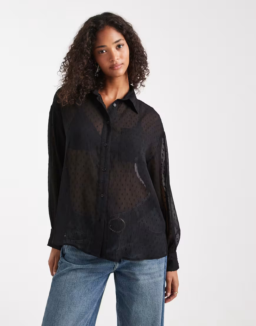 ASOS DESIGN sheer textured detailing shirt in black | ASOS (Global)