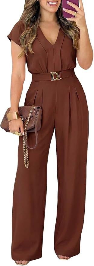 Pink Queen Jumpsuits for Women Dressy V Neck Short Sleeve Wide Leg Rompers Business Casual One Pi... | Amazon (US)