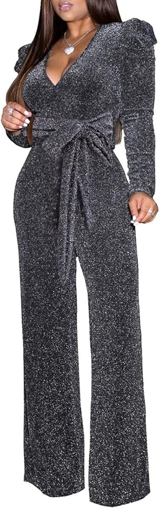 Women's Sexy Sparkly Jumpsuits Plus Size Elegant Clubwear Long Sleeve Wide Leg Pants Rompers with Be | Amazon (US)