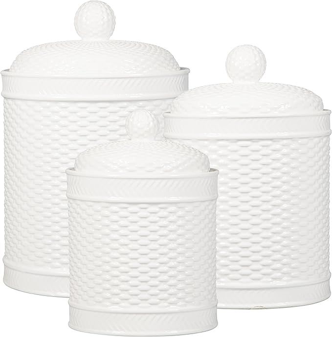 Home Essentials Set Of 3 White Round Basket Weave Embossed Canisters | Amazon (US)