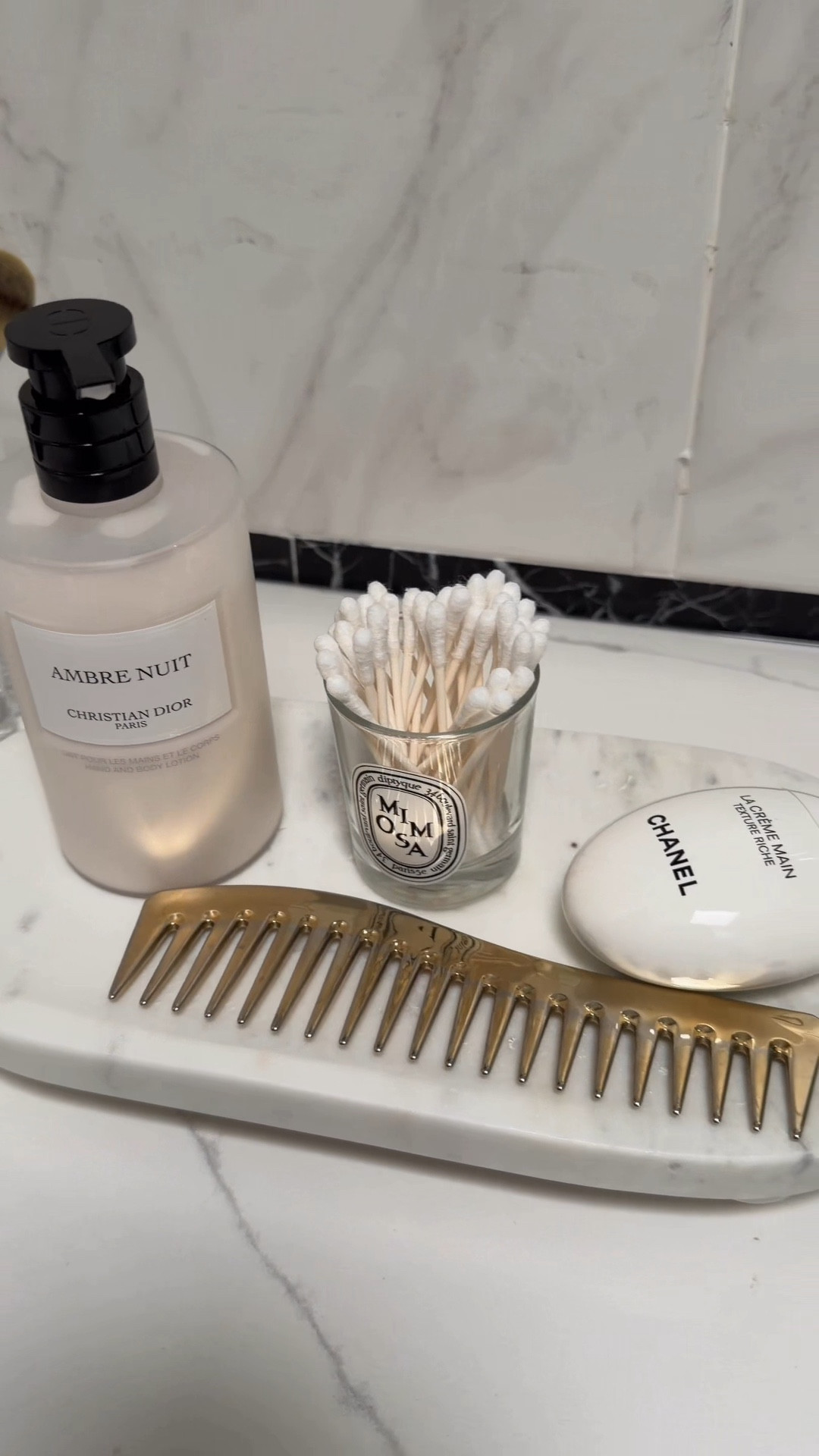 Use code: Cristina and save 15% off Alice Lane. Marble tray, crystal container, candle, gold comb, Dior, lotion, Chanel, hand, cream, bathroom styling, accessories, chic, aesthetic.

#LTKHome #LTKSaleAlert #LTKBeauty