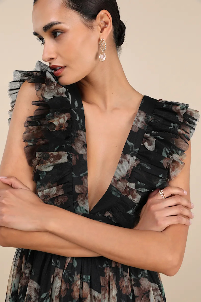 Simply Delighted Black Floral Mesh Ruffled Backless Maxi Dress | Lulus