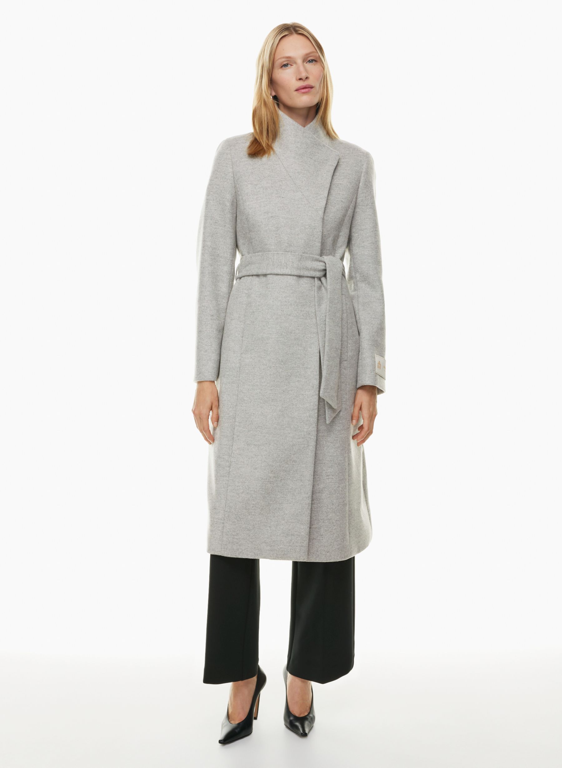 Minimal long melton wool wrap coat | Aritzia