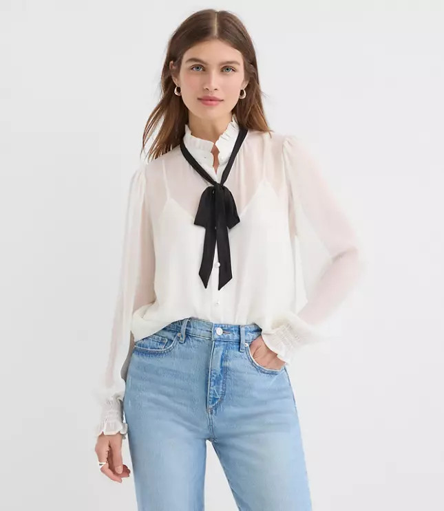 Pearlized Button Ruffle Bow Blouse | LOFT