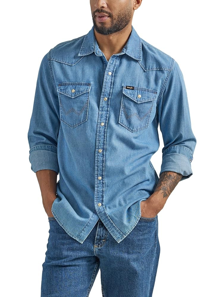 Wrangler Men's Iconic Denim Regular Fit Snap Shirt | Amazon (US)